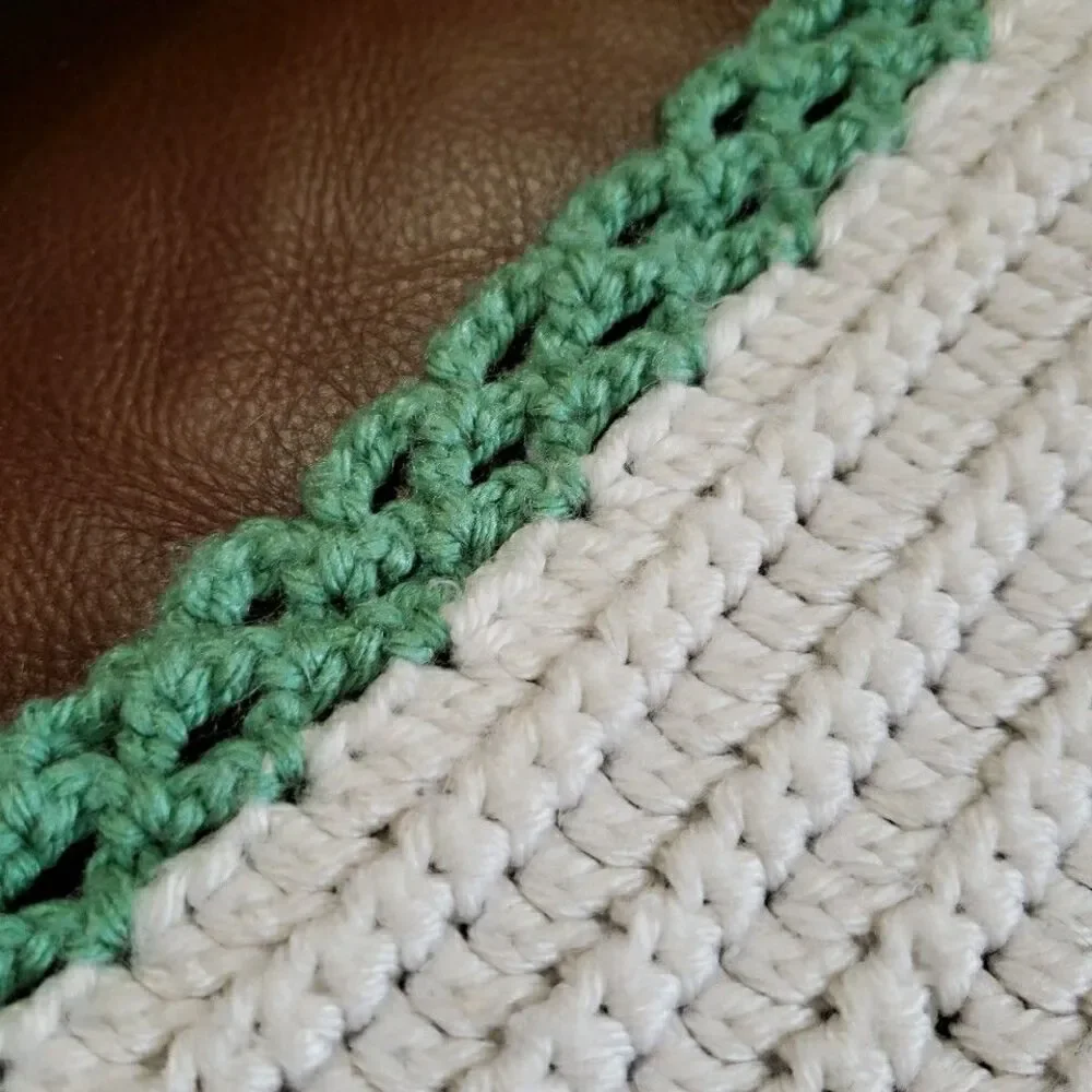 Handmade Crochet Blanket White Green Throw 65x35 Lapghan Knit Gift Cozy Baby